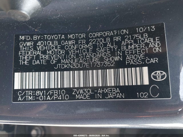 Toyota 2zr-fxe+3jm 2014 JTDKN3DU7E1737352 Image 9