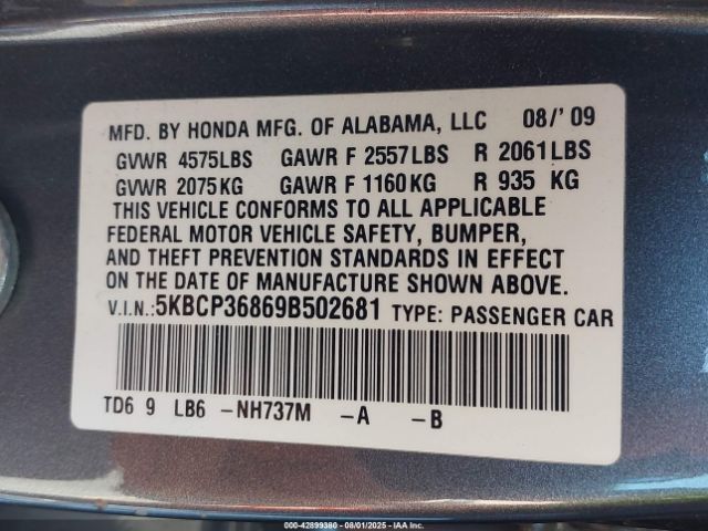 2009 HONDA ACCORD SDN 5KBCP36869B502681 Photo 8
