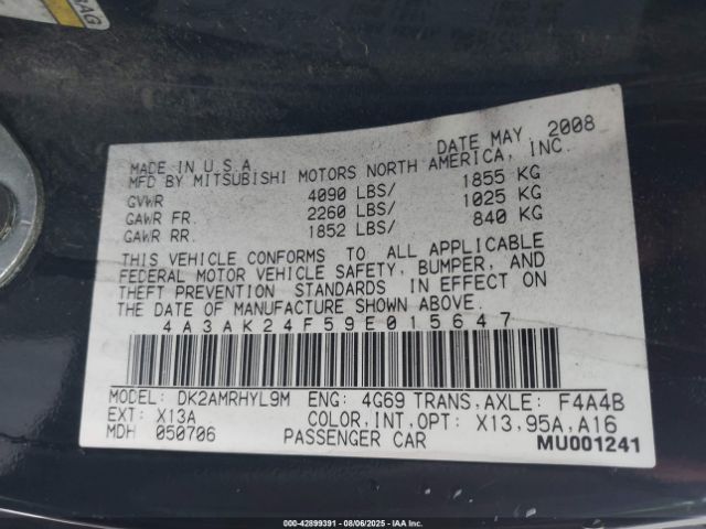 2009 MITSUBISHI ECLIPSE 4A3AK24F59E015647 Photo 10