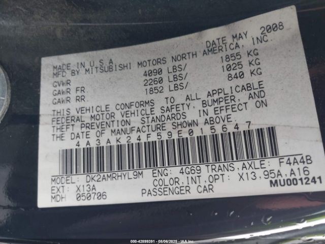 2009 MITSUBISHI ECLIPSE 4A3AK24F59E015647 Photo 8