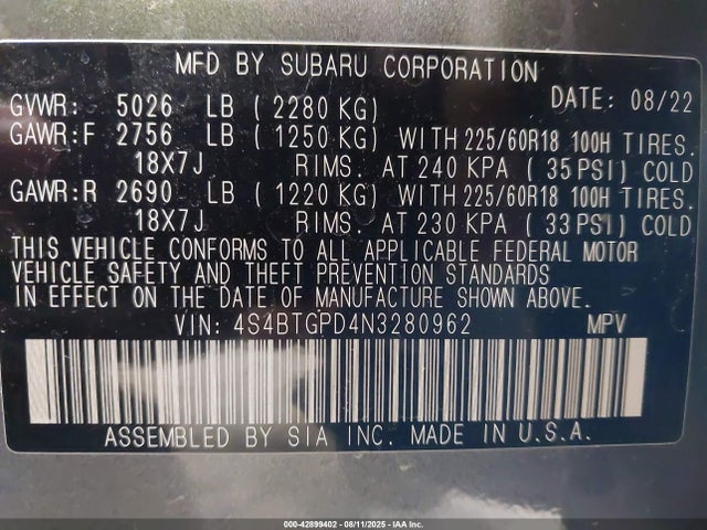 Subaru na, u4 2022 4S4BTGPD4N3280962 Image 9