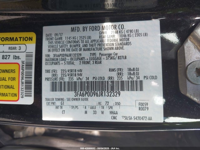 3FA6P0D96JR132329 Ford 2.0l gtdi premium fuel