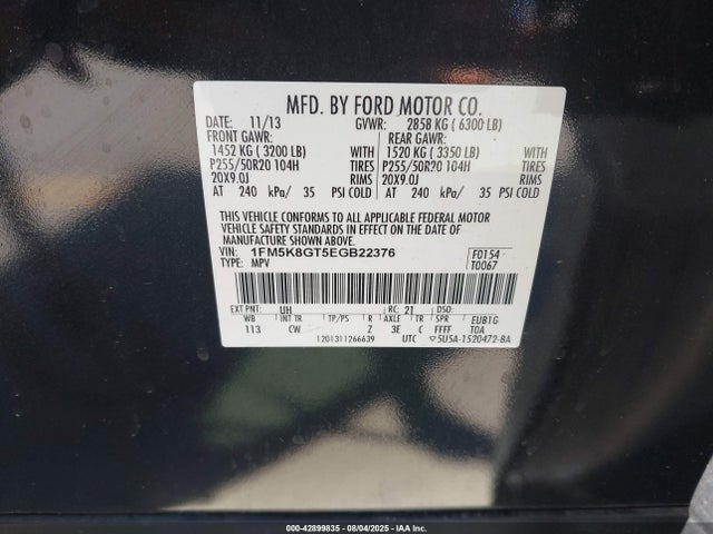 1FM5K8GT5EGB22376 Ford 2014