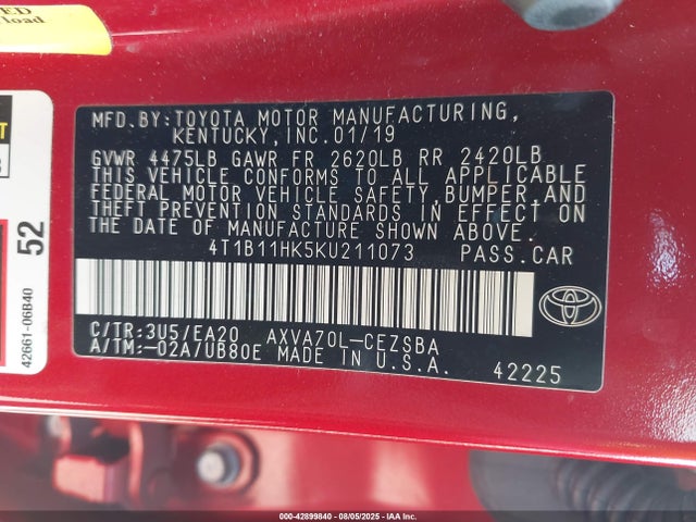 4T1B11HK5KU211073 Toyota a25a-fks