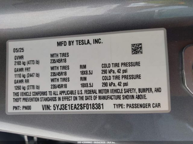 2025 TESLA MODEL 3 5YJ3E1EA2SF018381 Photo 8
