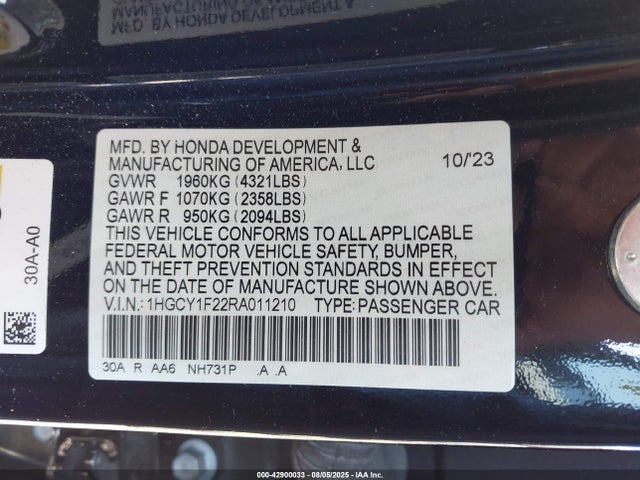 1HGCY1F22RA011210 Honda l15be