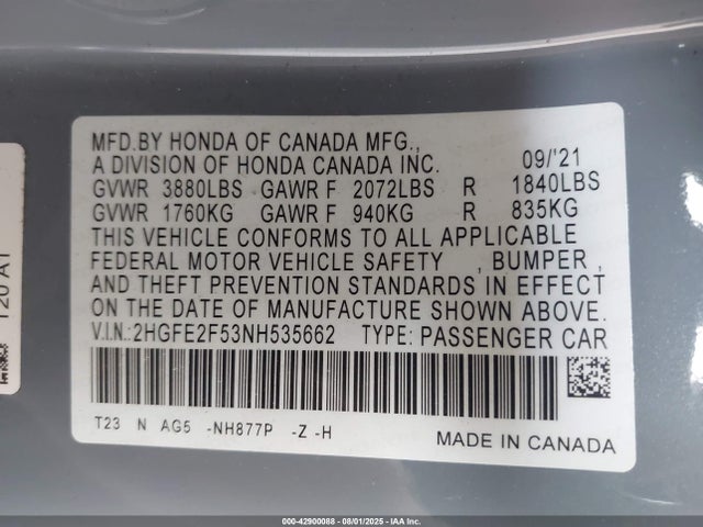 2HGFE2F53NH535662 Honda k20c2