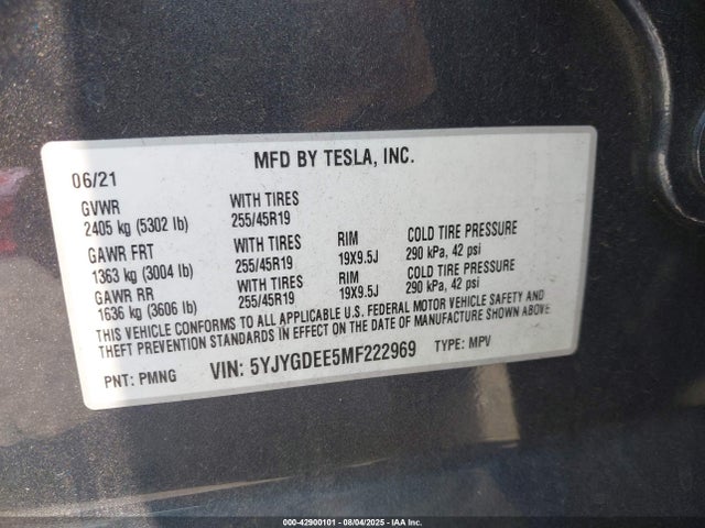2021 TESLA MODEL Y 5YJYGDEE5MF222969 Photo 8