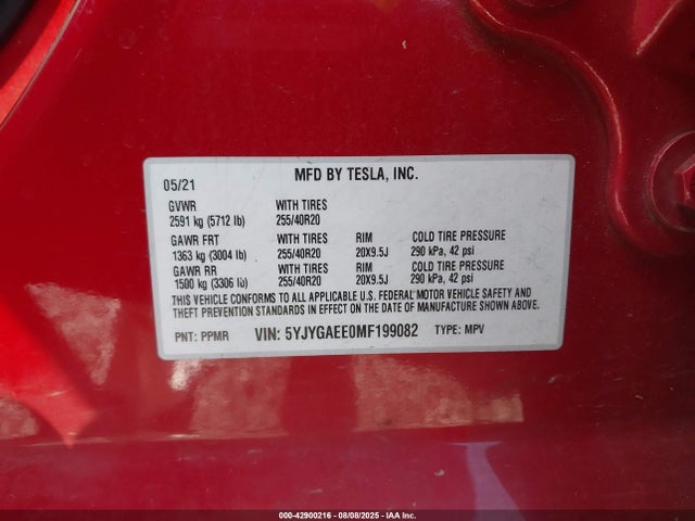 2021 TESLA MODEL Y 5YJYGAEE0MF199082 Photo 8