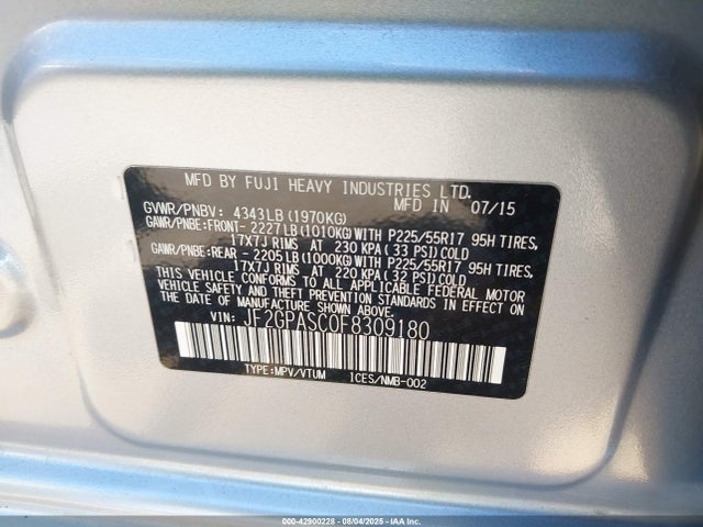 JF2GPASC0F8309180 Subaru 2.0l naturally aapirated
