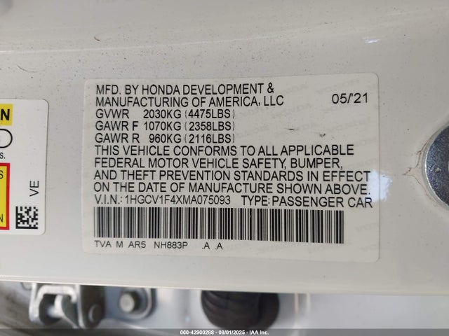 1HGCV1F4XMA075093 Honda l15be