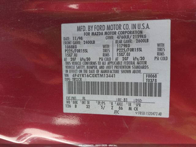 1999 MAZDA B2500 4F4YR16C0XTM13441 Photo 8