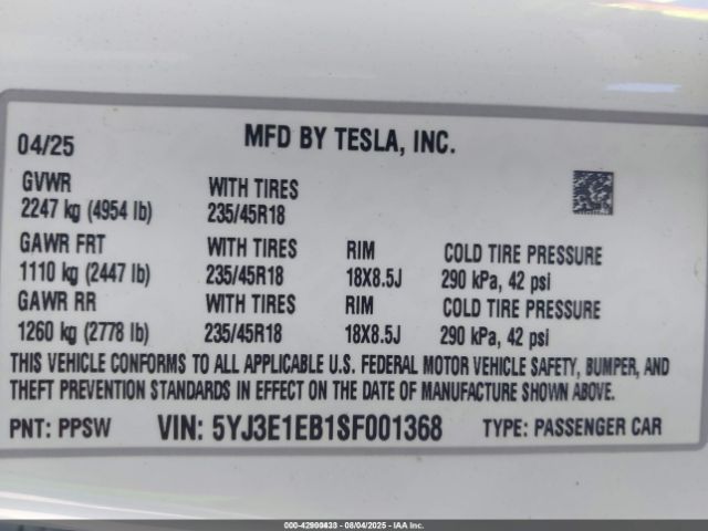 2025 TESLA MODEL 3 5YJ3E1EB1SF001368 Photo 8