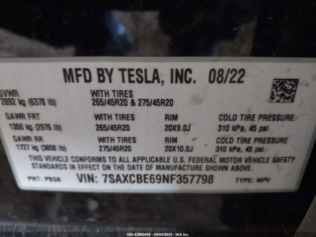 2022 TESLA MODEL X 7SAXCBE69NF357798 Photo 8