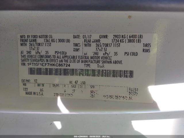 Aukcja sprzedaży 2017 Ford F-150 Xl, vin: 1FTMF1EF7HKC86724, numer aukcji: 42900805