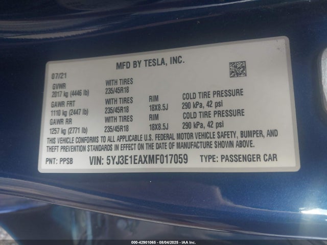 2021 TESLA MODEL 3 5YJ3E1EAXMF017059 Photo 8