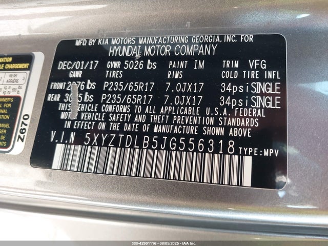 5XYZTDLB5JG556318 Hyundai gdi theta ii