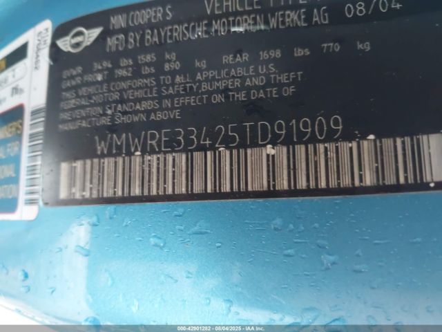 2005 MINI COOPER S WMWRE33425TD91909 Photo 8