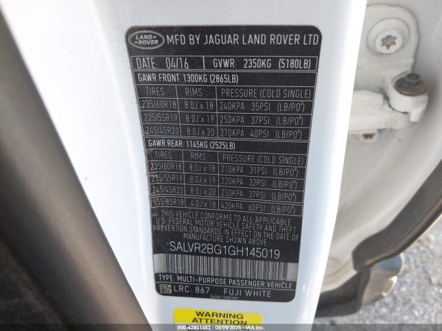 SALVR2BG1GH145019 Land Rover gtdi lev3 sulev30