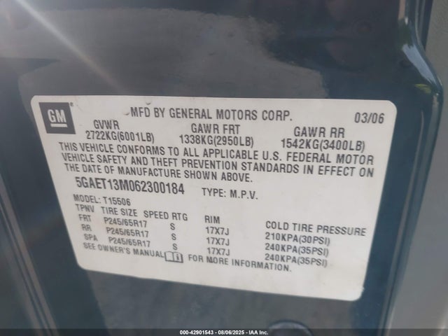Aukcja sprzedaży 2006 Buick Rainier Cxl, vin: 5GAET13M062300184, numer aukcji: 42901543
