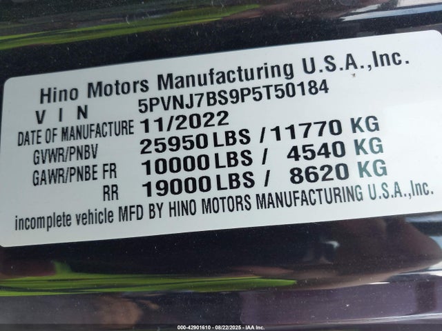 5PVNJ7BS9P5T50184 Hino B6.7 260 / B6.7 240