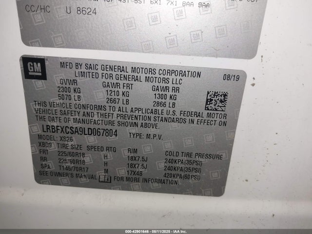 42901646 :رقم المزاد ، LRBFXCSA9LD067804 vin ، 2020 Buick Envision Fwd Essence مزاد بيع