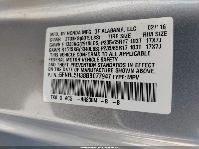 5FNRL5H38GB077947 Honda j35z8