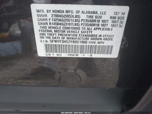 Honda j35z4 2015 5FNYF3H57FB021960 Image 9