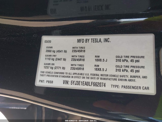 2020 TESLA MODEL 3 5YJ3E1EA0LF662074 Photo 8