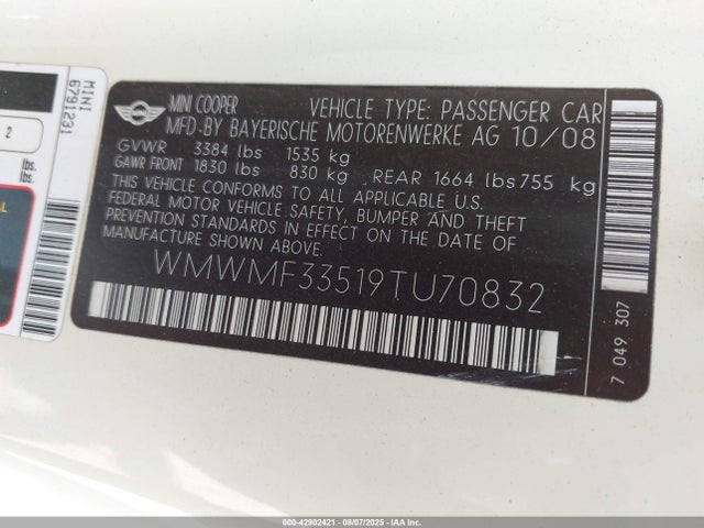 2009 MINI COOPER WMWMF33519TU70832 Photo 8