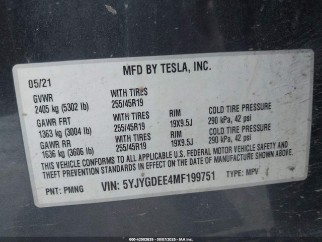 2021 TESLA MODEL Y 5YJYGDEE4MF199751 Photo 8