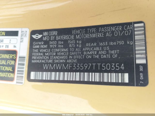 2007 MINI COOPER WMWMF33597TT50354 Photo 8