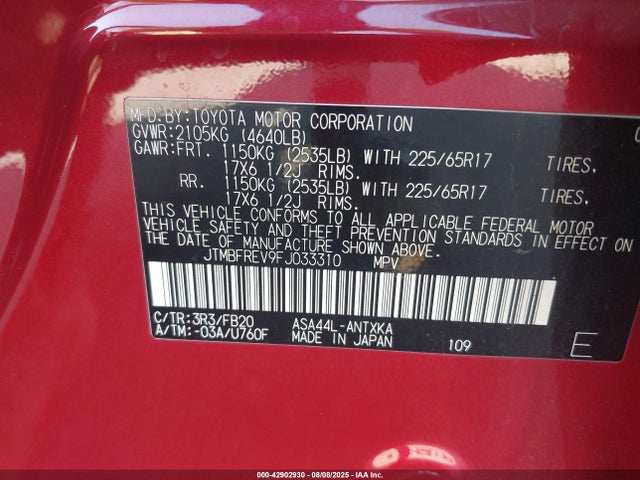 Toyota 2ar-fe 2015 JTMBFREV9FJ033310 Image 9