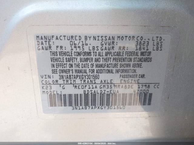 3N1AB7APXGY301560 Nissan Sentra