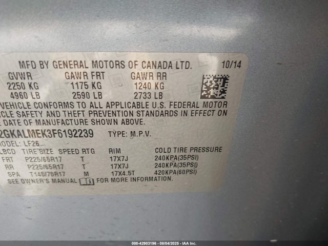 2GKALMEK3F6192239 GMC lea - flex fuel (gas/alc), aluminum, ho,