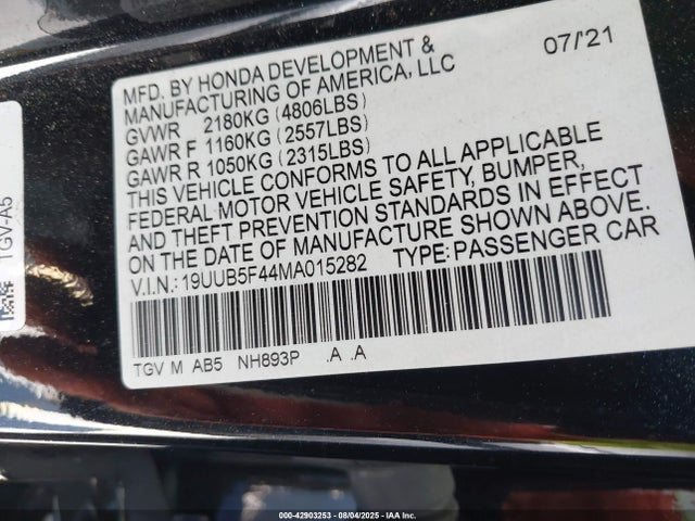 Acura k20c6 2021 19UUB5F44MA015282 Image 9