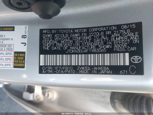 Toyota 2zr-fxe+3jm 2015 JTDKN3DU4F1983065 Image 9