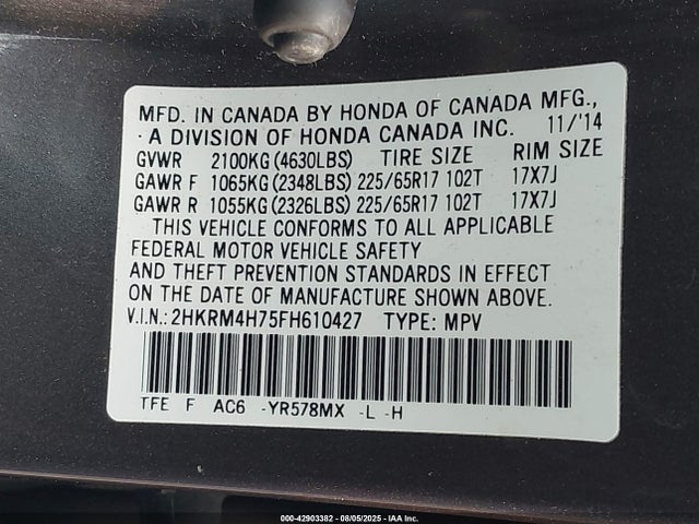Honda k24w9 2015 2HKRM4H75FH610427 Image 9