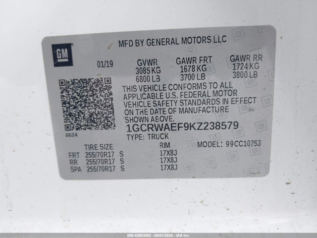1GCRWAEF9KZ238579 Chevrolet l82 - di, afm, alum, gen 5, var 1