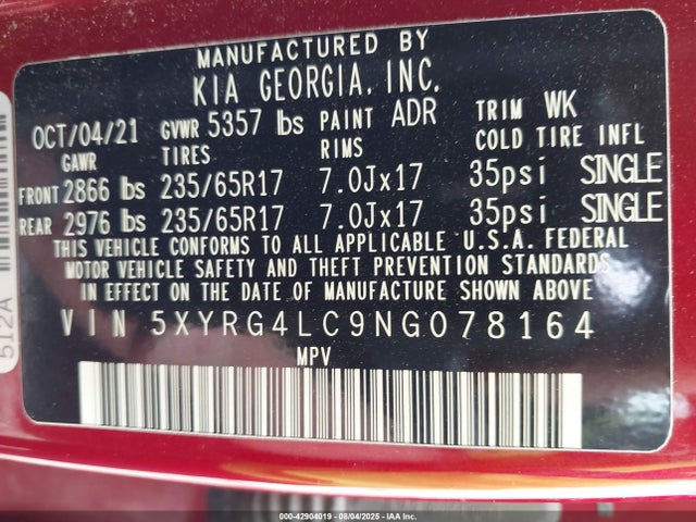 5XYRG4LC9NG078164 KIA gdi theta-iii