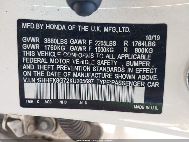 Honda k20c1 2019 SHHFK8G72KU205697 Image 9