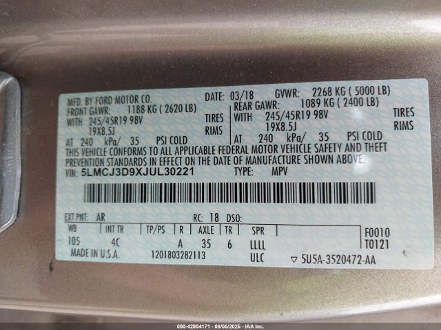 Aukcja sprzedaży 2018 Lincoln Mkc Reserve, vin: 5LMCJ3D9XJUL30221, numer aukcji: 42904171
