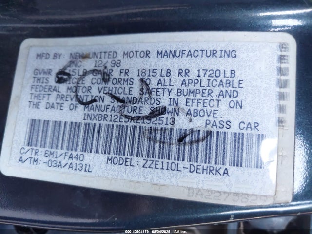 1999 TOYOTA COROLLA 1NXBR12E5XZ192513 Photo 8