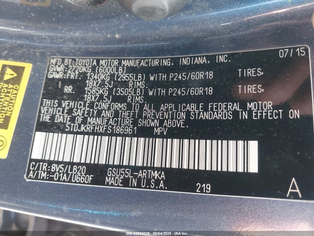 Toyota 2gr-fe 2015 5TDJKRFHXFS186961 Image 9
