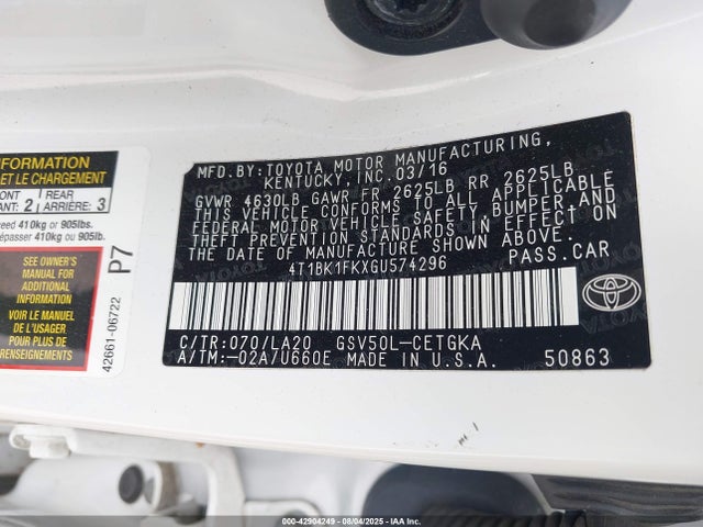 4T1BK1FKXGU574296 Toyota 2gr-fe