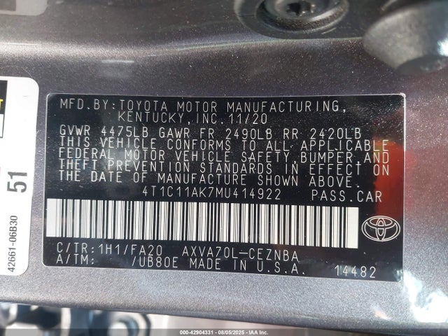 4T1C11AK7MU414922 Toyota a25a-fks