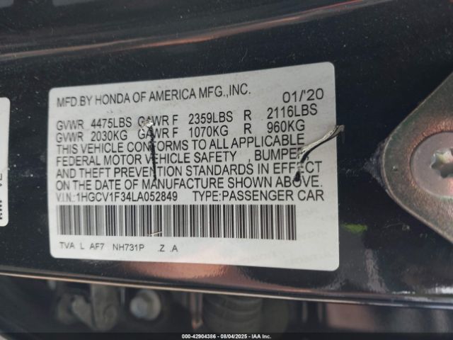2020 HONDA ACCORD 1HGCV1F34LA052849 Photo 8