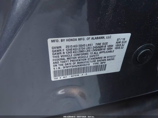 Honda j35y6 2019 5FNYF5H52KB046318 Image 9