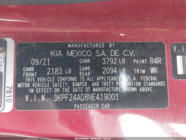 3KPF24AD8NE419001 KIA mpi nu