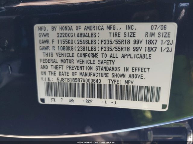 2007 ACURA RDX 5J8TB18587A000640 Photo 8